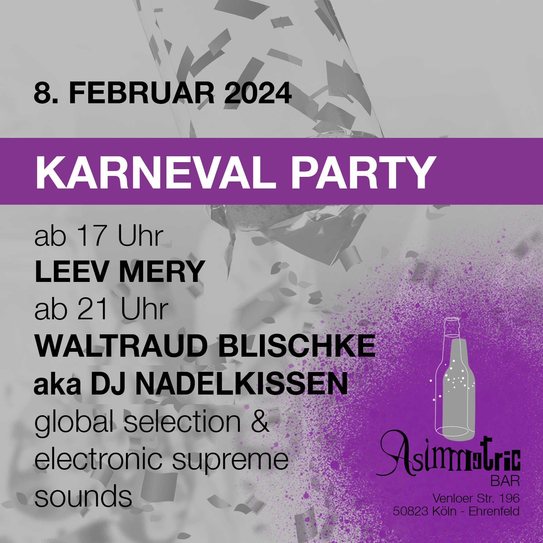 Karnevalsparty mit Leev Mery + Waltraud Blischke aka DJ Nadelkissen - 6.2.2024 - Asimmetric Bar