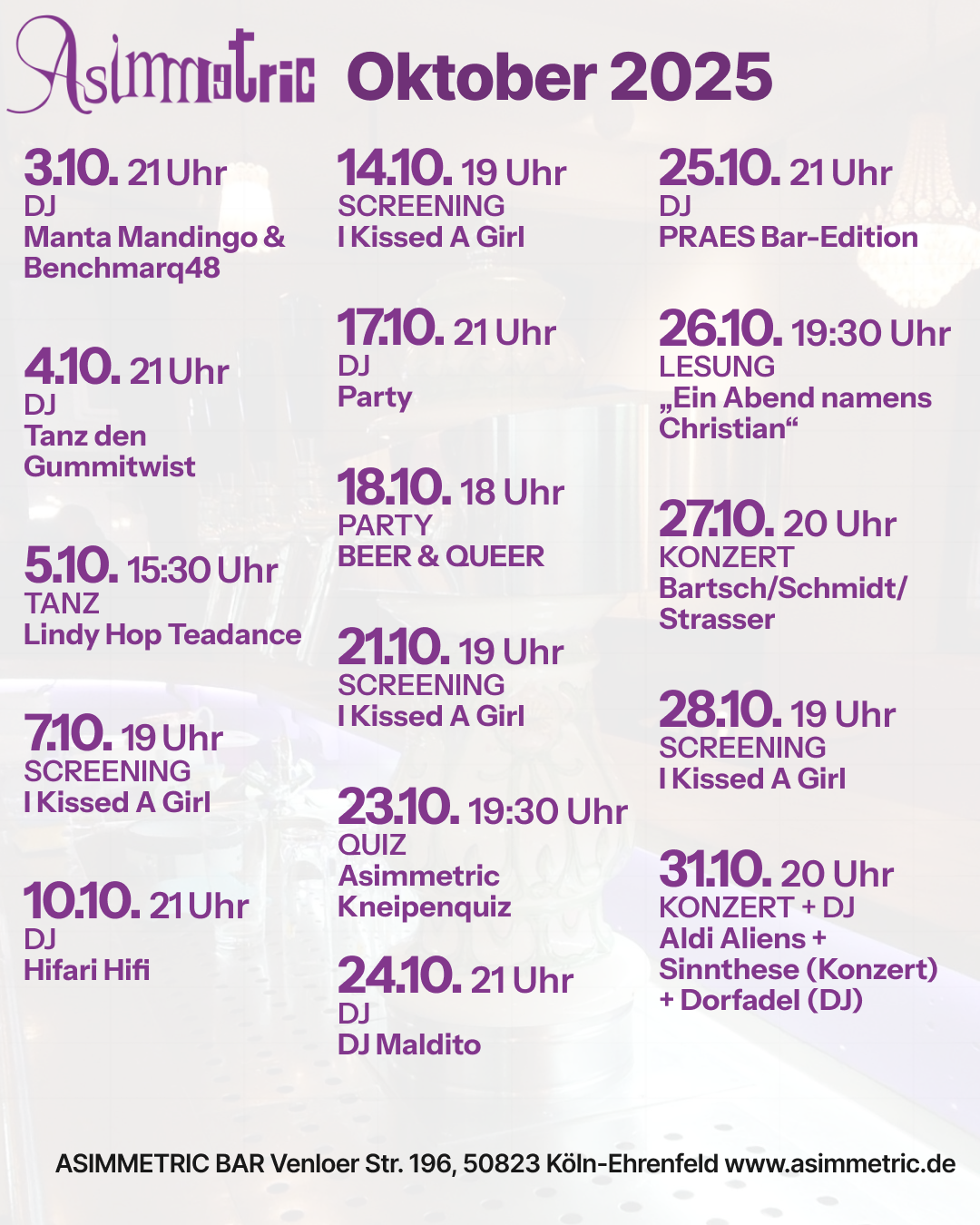 Programm Oktober 2025 - ASIMMETRIC BAR | Venloer Str. 196 | 50823 Köln